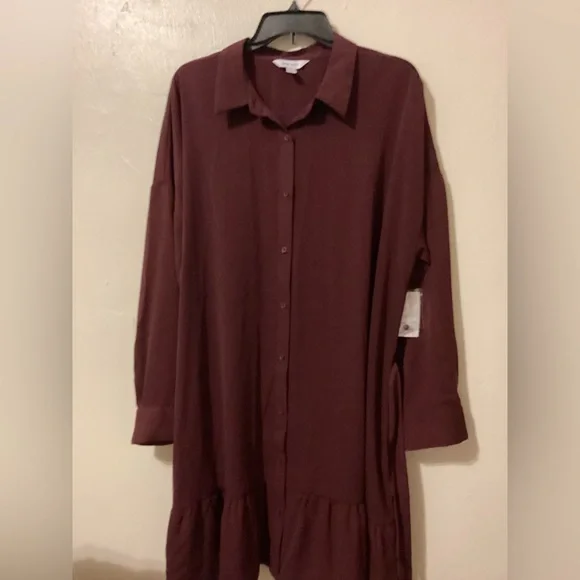 Nine West Burgundy Button Down Ruffle Hem Dress Long Sleeve New - Picture 2 of 7